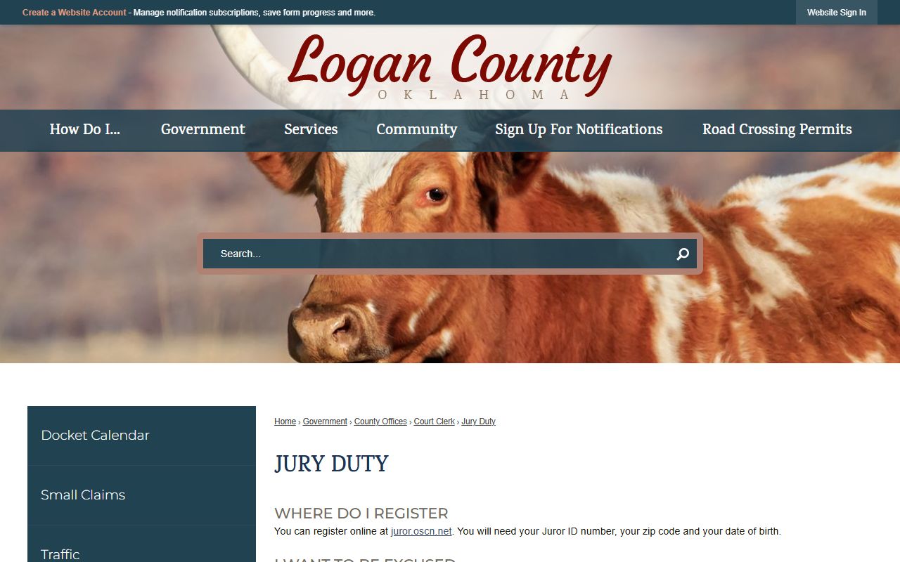 Logan County court dockets jury duty page with juror reporting and excusal rules