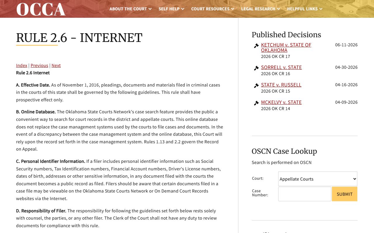 Logan County court records access through OSCN under OCCA Rule 2.6