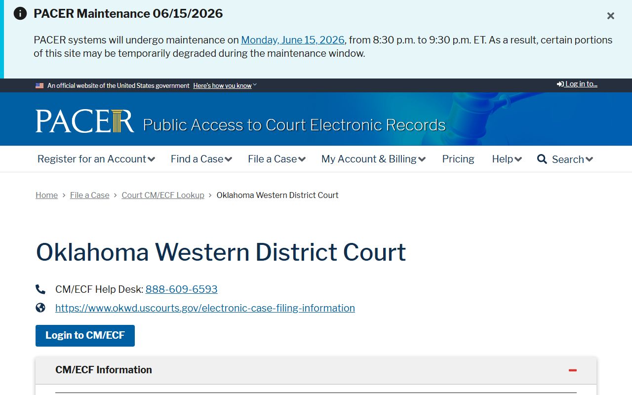 Logan County District Court PACER federal records lookup page