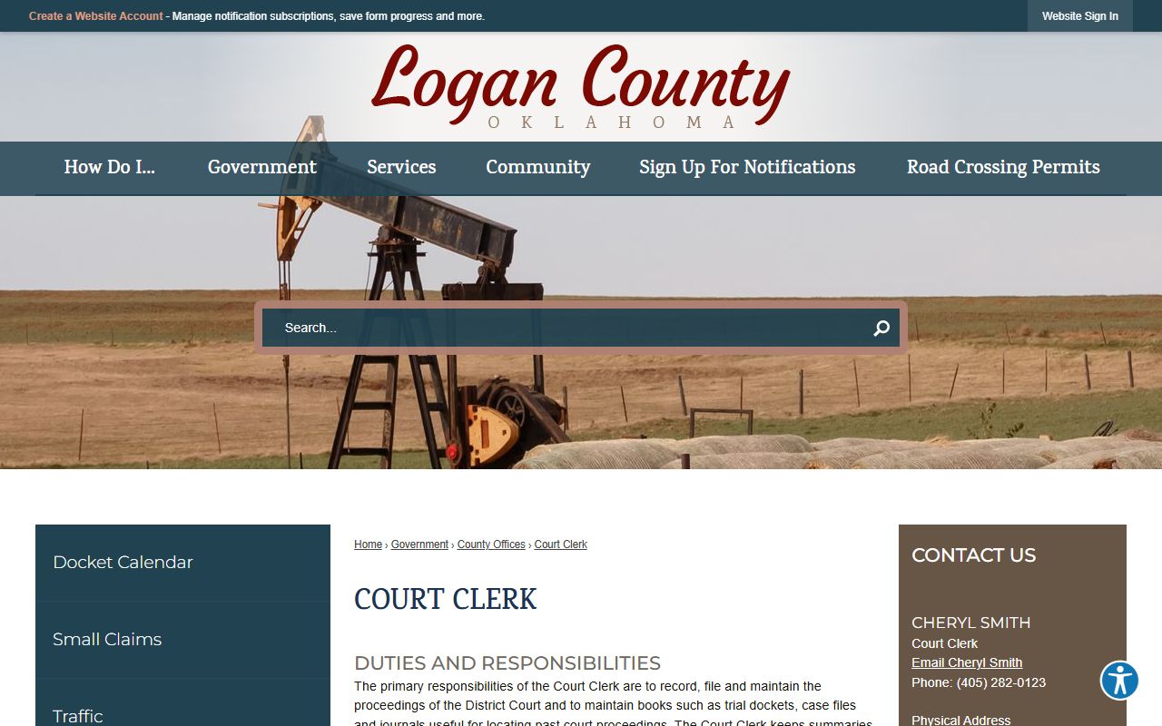 Logan County Court Clerk page describing court records duties in Logan County