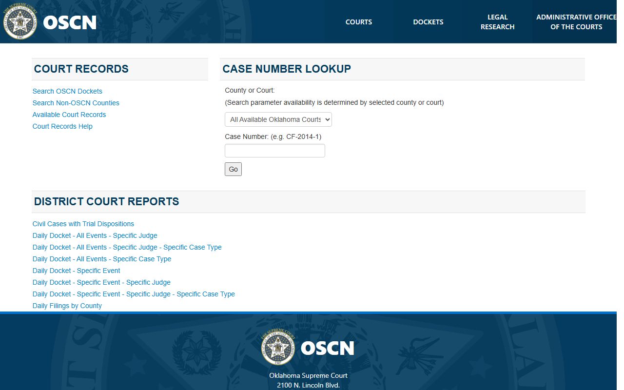 OSCN docket search tool for Logan County court records