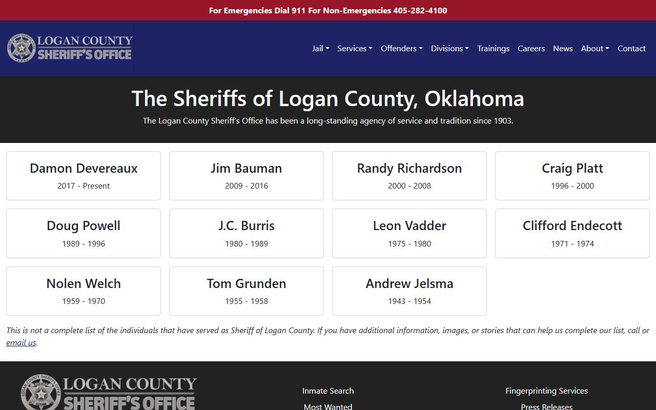 Logan County Sheriff's Office history page tied to Logan County court records