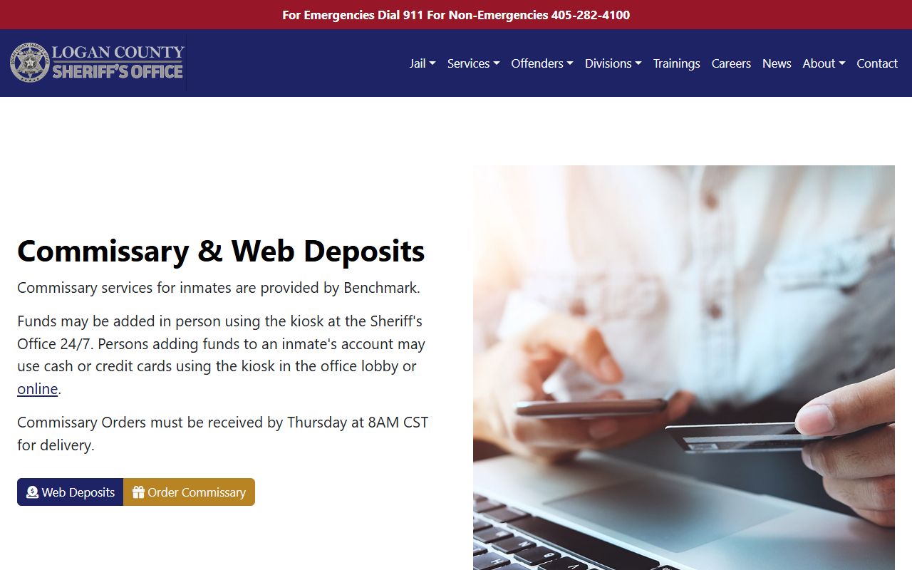 Logan County jail commissary and inmate funds deposit page