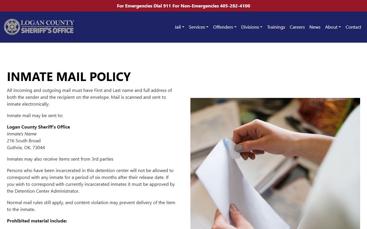 Logan County jail inmate mail policy page
