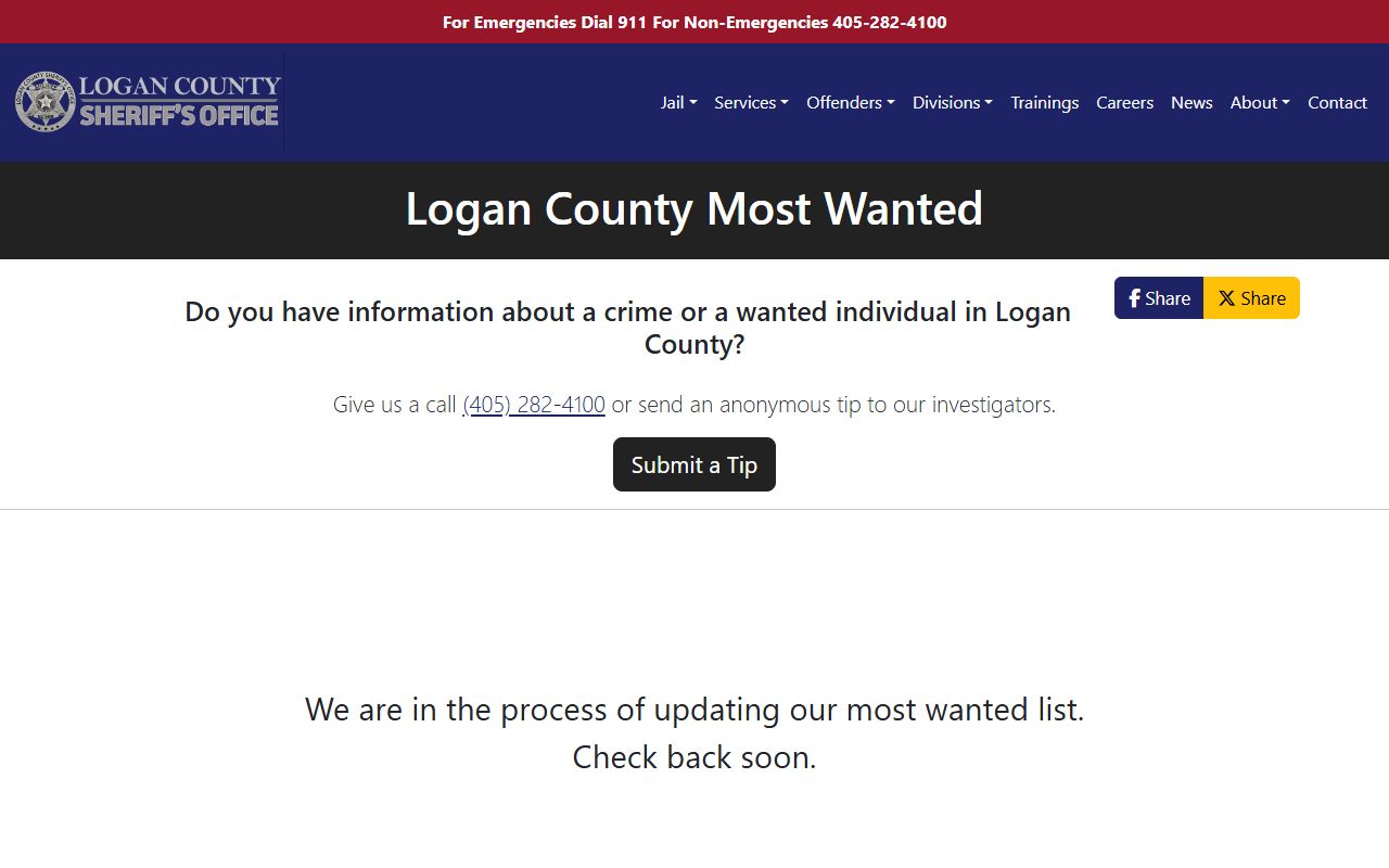 Logan County warrants shown on the Sheriff's Most Wanted page